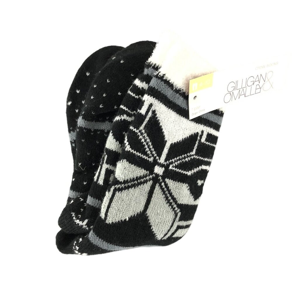 Gilligan & O'Malley Womens Crew Socks Fuzzy Warm Fair Isle Black Gray 4-10